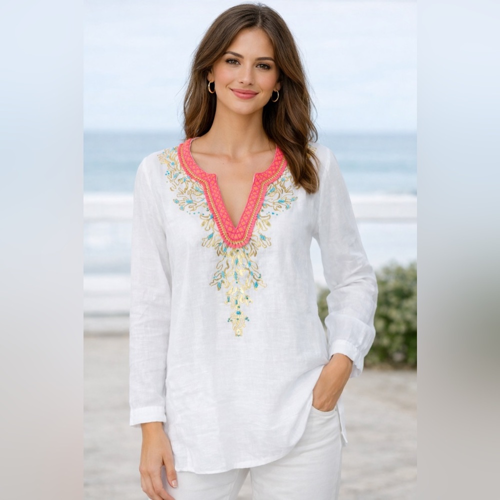 Lilly Pulitzer White Embroidered Beaded Linen Amelia Island Tunic Brand New M